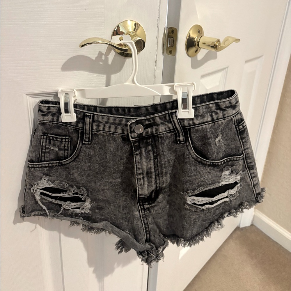 Distressed Black Denim Shorts